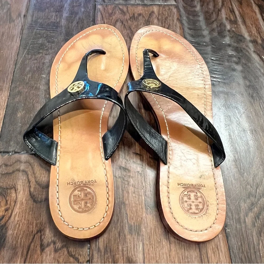 Tory Burch Black Patent Miller Thong Sandals
